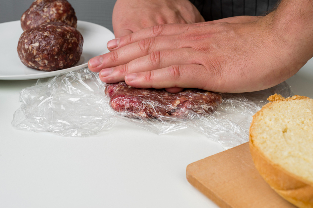 hands-preparing-meat-hamburger on vacuum sealer